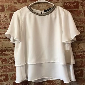 Zara Rhinestone Neck Blouse White